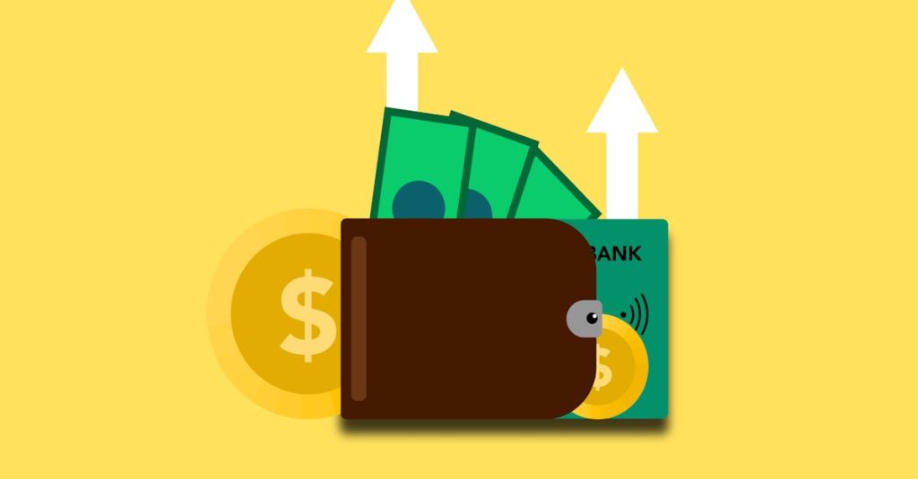 Illustration of wallet with money banknotes coins and bank card in wallet with arrows up showing income growth on yellow background