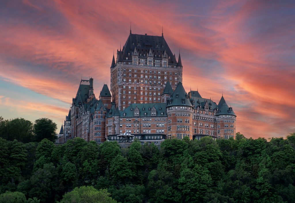 Breathtaking view of Château Frontenac at sunset in Québec, Canada.
